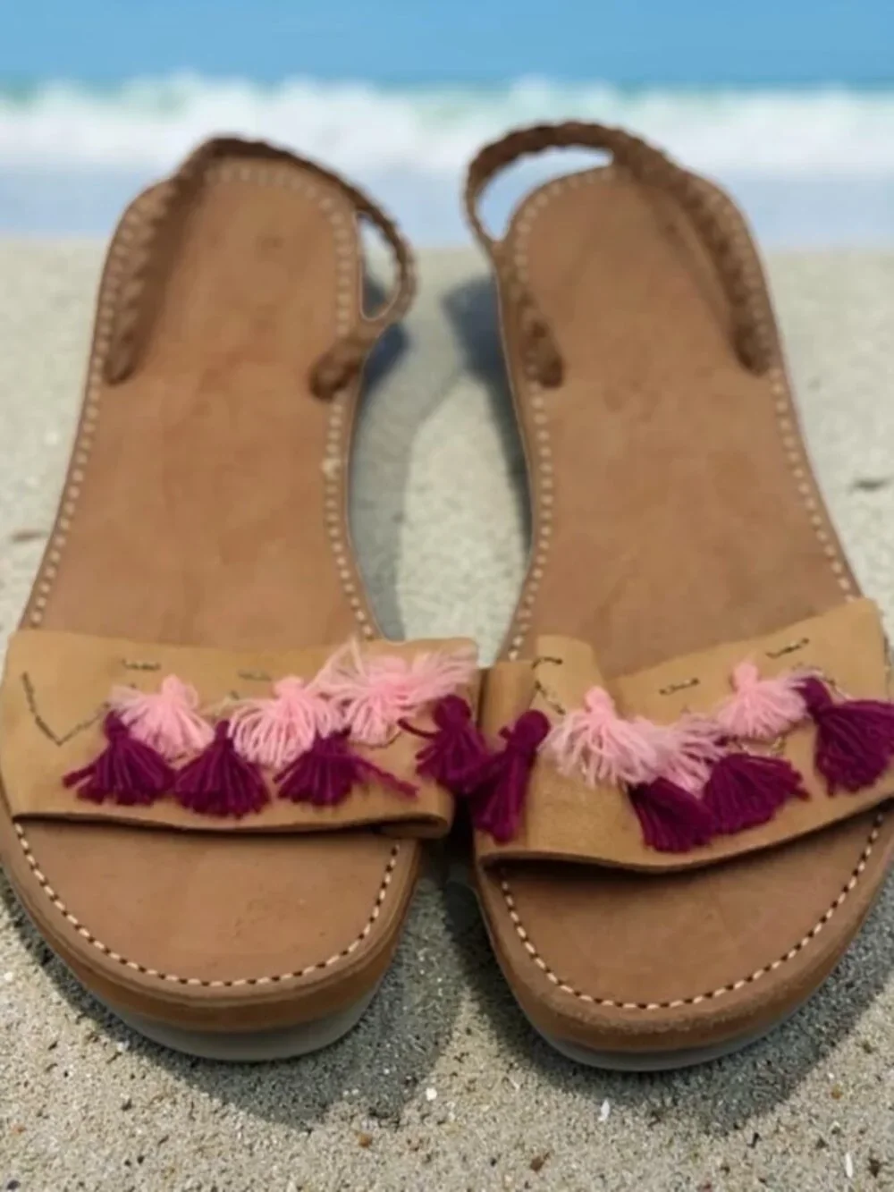 Anthropologie Handmade Leather Tassel Sandals Tan Size 8